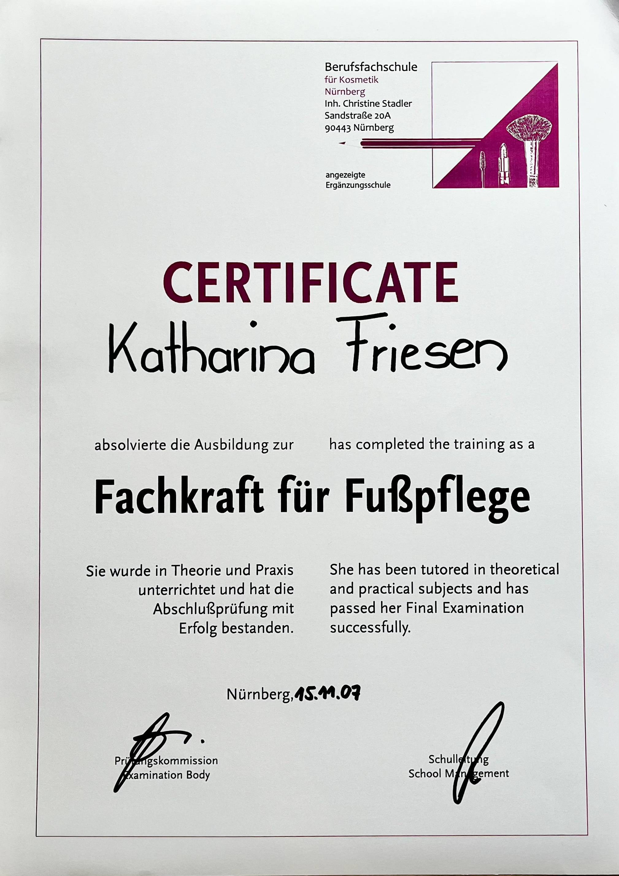 Zertifikat Fachkraft für Fußpflege – Katharina Friesen