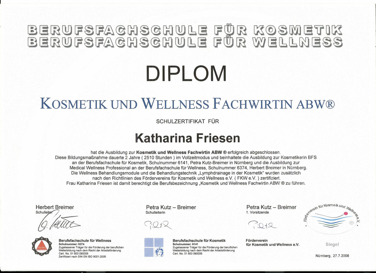 Diplom Kosmetik und Wellness Fachwirtin ABW – Katharina Friesen